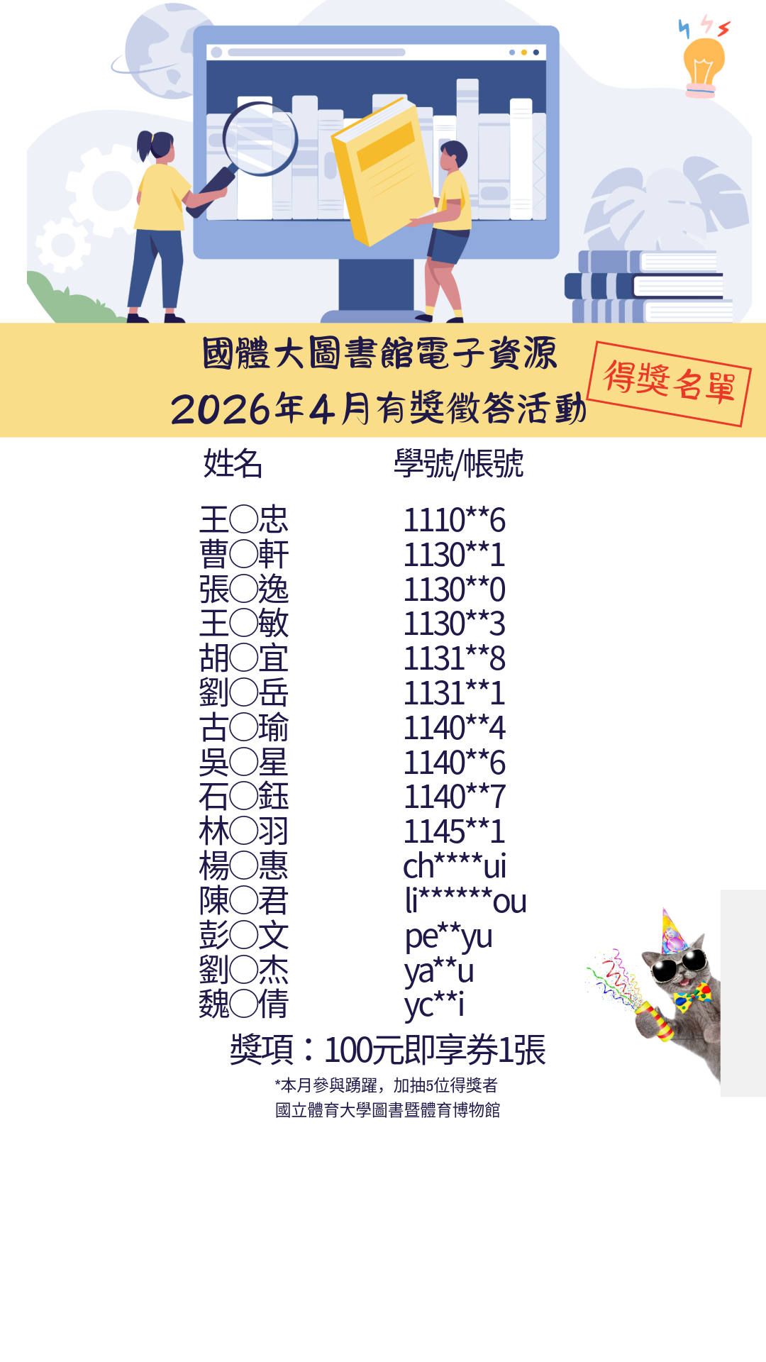 2026年4月國體大圖書館電子資源有獎徵答活動得獎名單