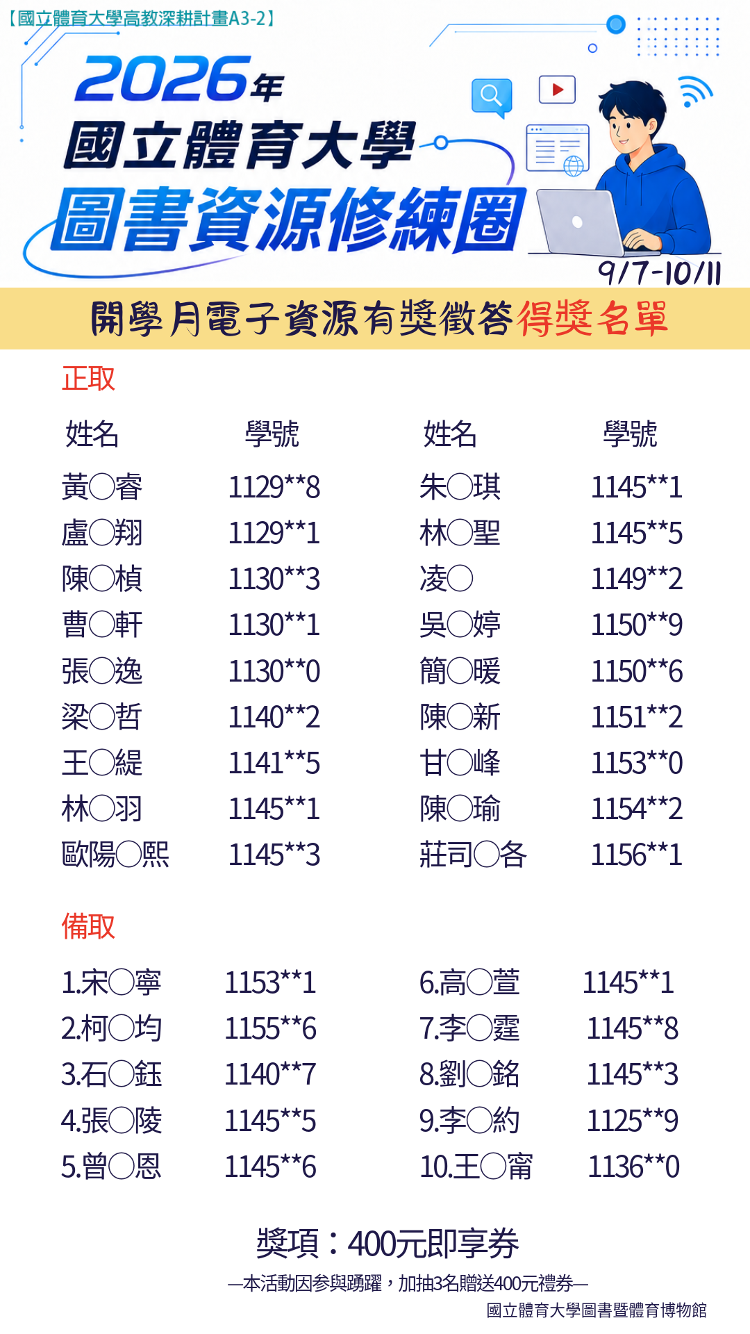 開學月電子資源有獎徵答得獎名單